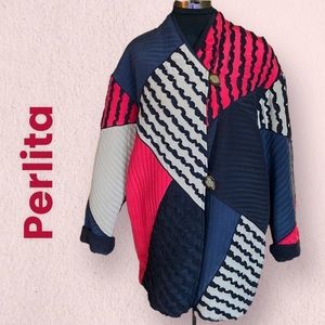 𝅺Vintage Perlita Color Block Silk Coat Red, Black, Cream Sz L oversized